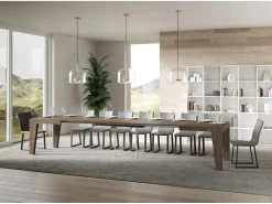 Mesa de comedor extensible de madera Naxo.-Color Natural-Base y soporte con ruedas-5 alargaderas finas-Ancho extensible