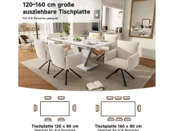 Mesa de comedor extensible - 120/160 x 80 x 75 cm - para 4-6 personas - Patas en forma de V - MDF - blanco