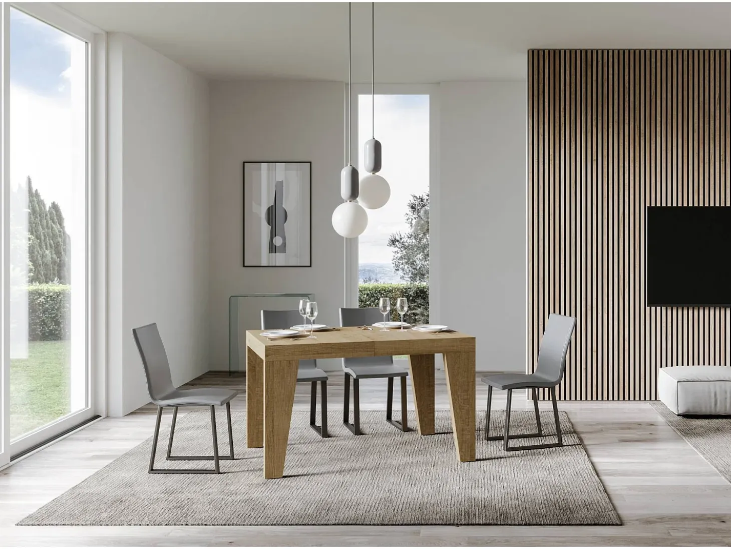 Mesa de comedor extensible de madera Naxo.-Color Natural-Soporte 2 pies-Alargaderas -Ancho extensible