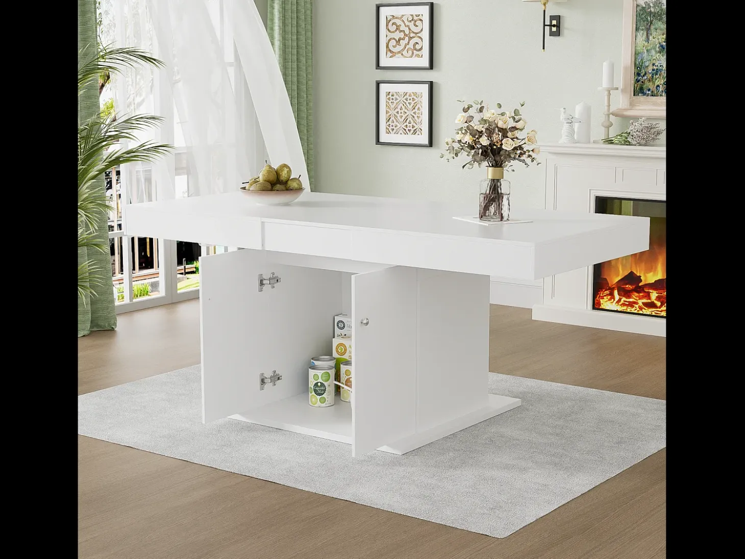 Mesa de comedor extensible - 4 a 8 personas - con espacio de almacenamiento - Tablero de partículas blancas - 140/180x80x76cm