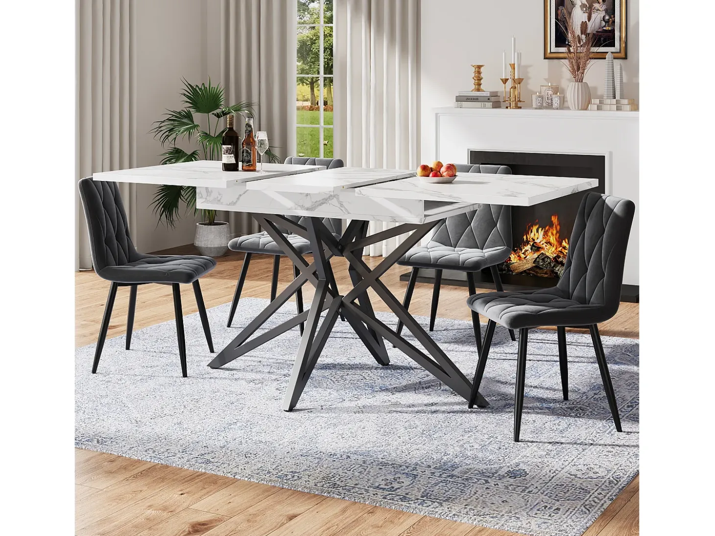 Mesa de comedor extensible, diseño de estrella, MDF y metal, color blanco (120x80x66,1cm)