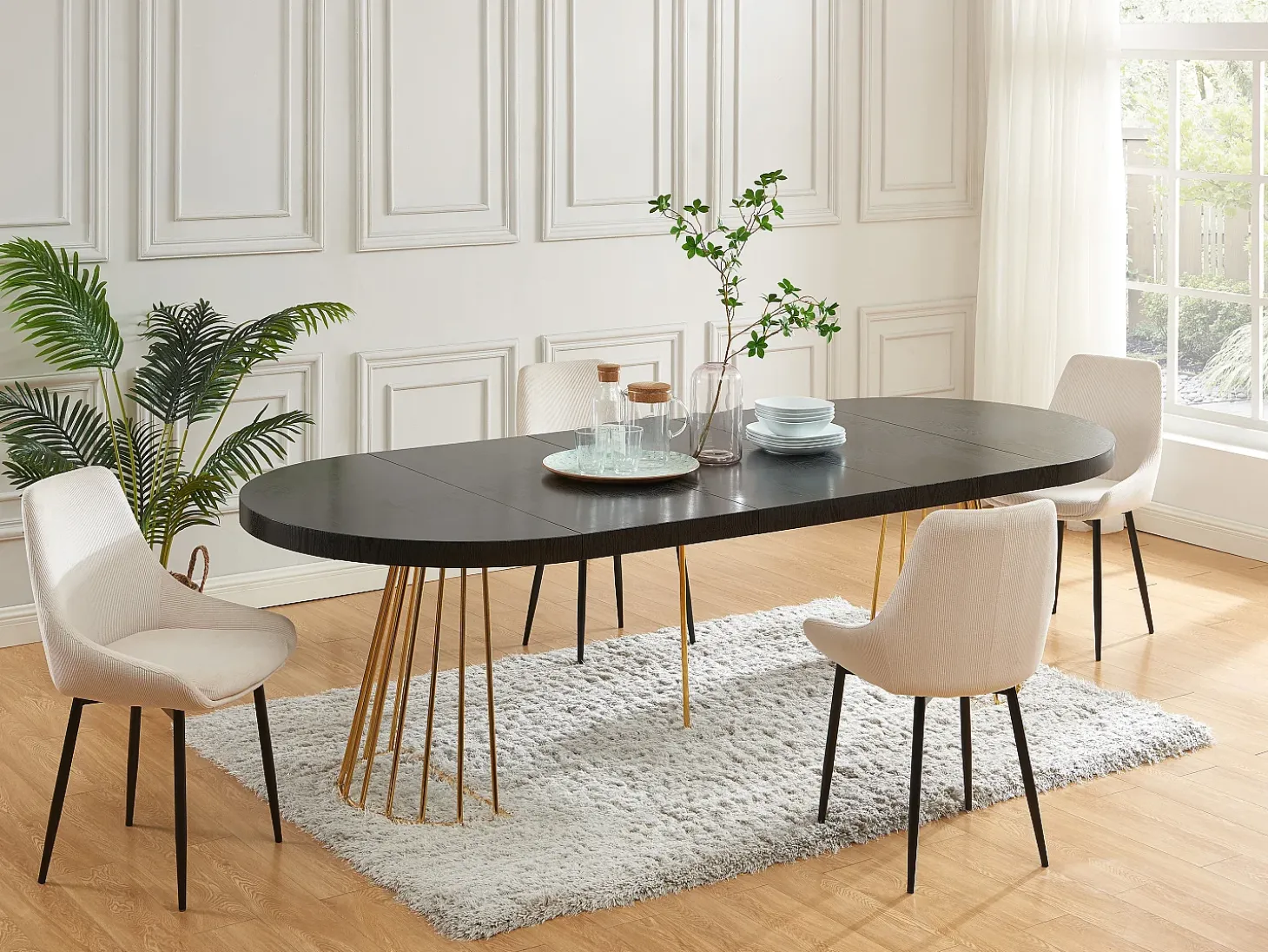 Mesa de comedor extensible 2 a 12 comensales de MDF y acero - Negro y dorado - FIRELA