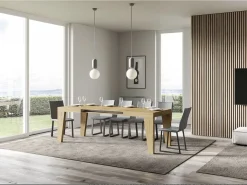 Mesa de comedor extensible de madera Naxo.-Color Natural-Soporte 4 pies-5 alargaderas finas-Ancho extensible