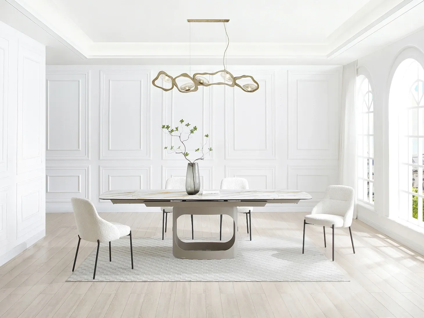 Mesa de comedor extensible 6 a 10 personas en cerámica, cristal templado y metal topo - Efecto mármol blanco - DAVULO de Maison Céphy