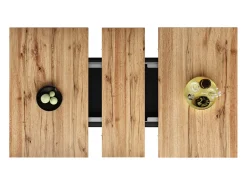 Mesa de comedor extensible para 6-8 personas con 1 puerta de cristal, tablero de chapa de madera veteada natural clara, cuerpo negro - 110/140x80x76cm