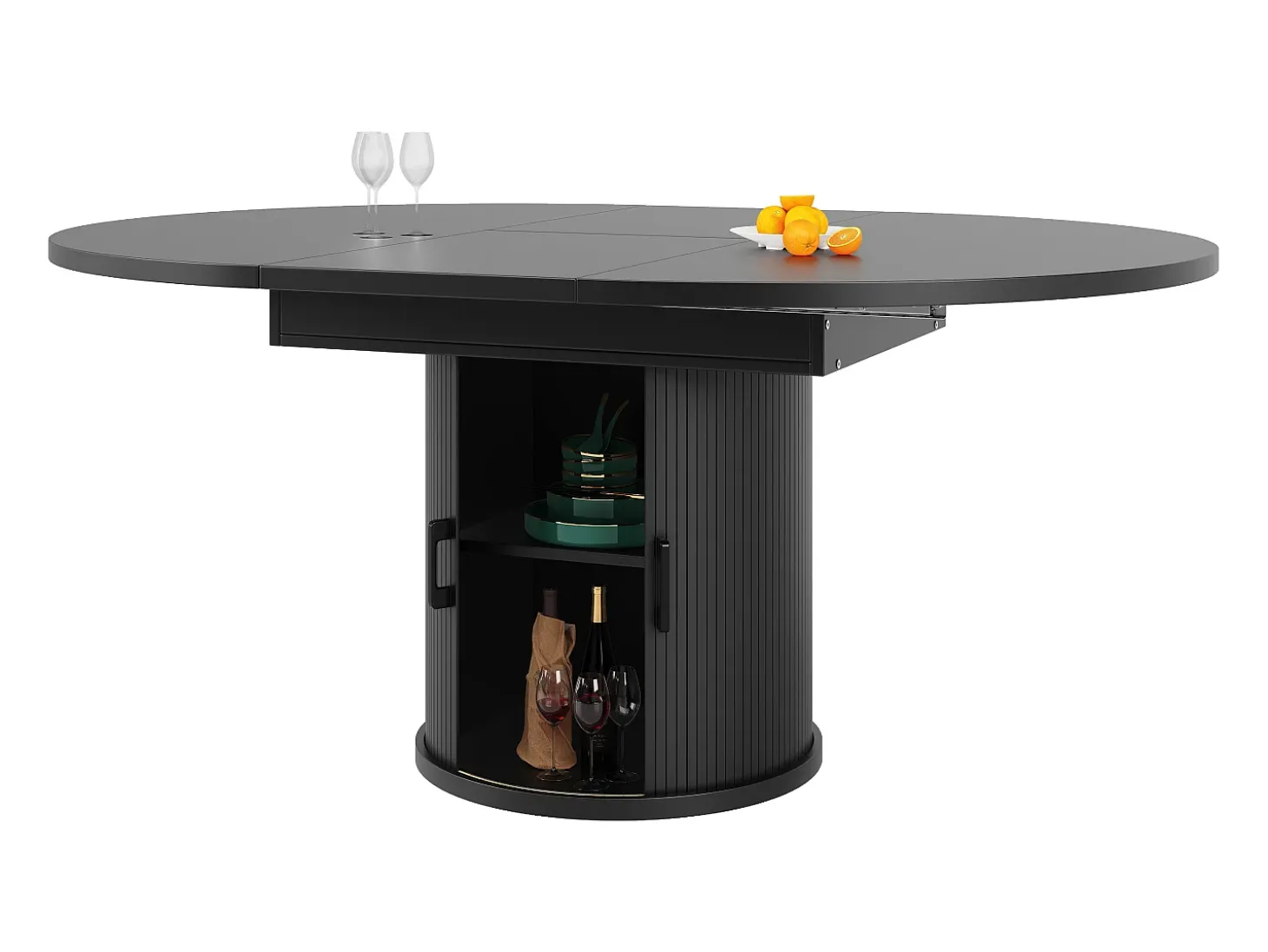 Mesa de comedor extensible redonda/ovalada, MDF, nogal/negro (118x118x76,8cm)