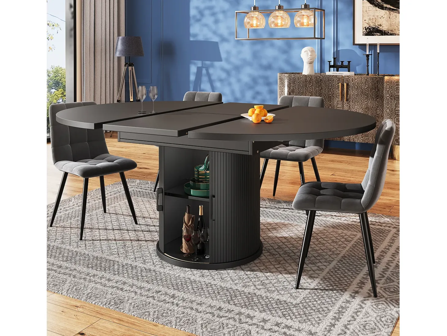 Mesa de comedor extensible redonda/ovalada, MDF, nogal/negro (118x118x76,8cm)