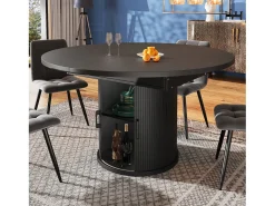 Mesa de comedor extensible redonda/ovalada, MDF, nogal/negro (118x118x76,8cm)