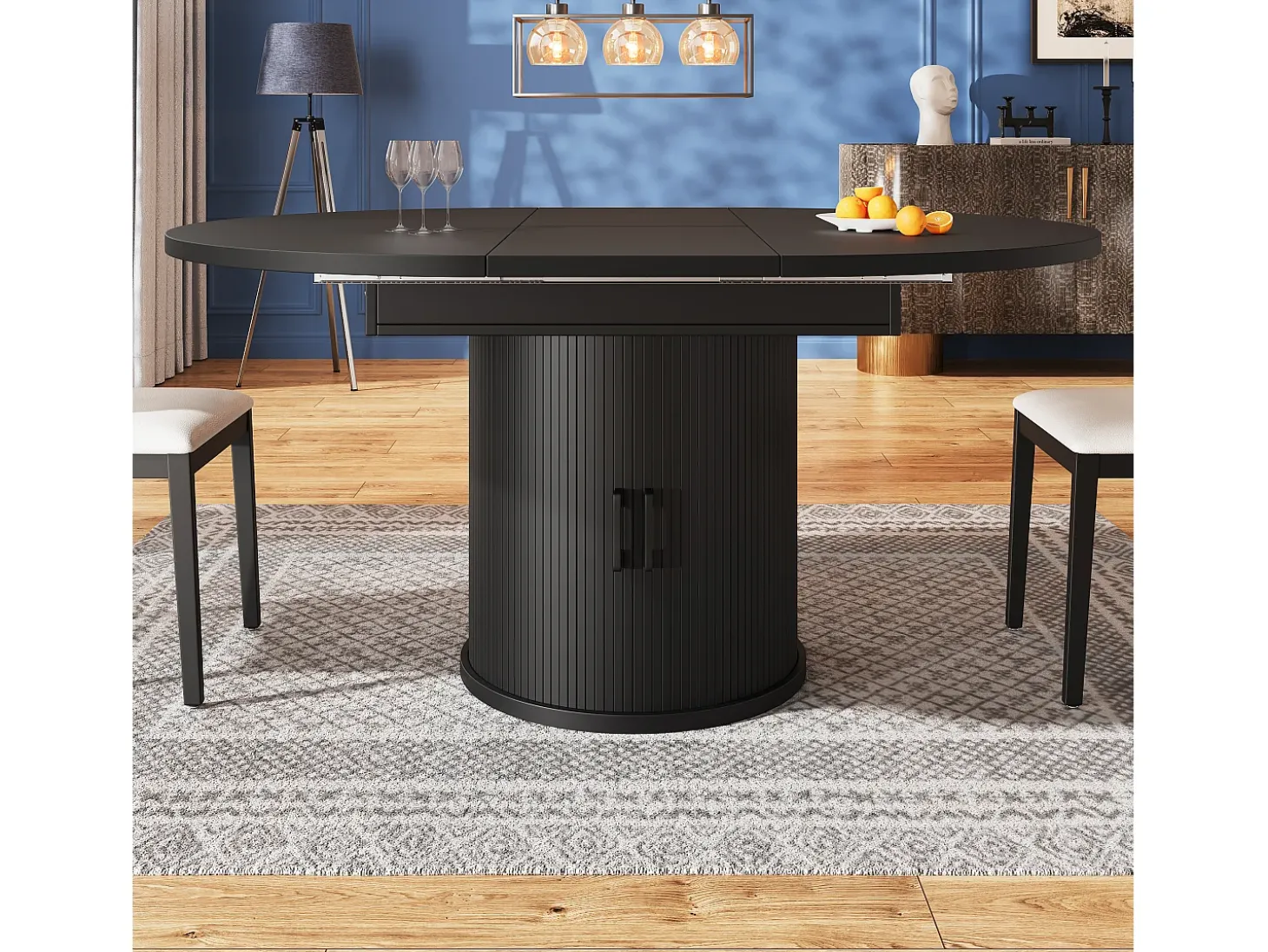 Mesa de comedor extensible redonda/ovalada, MDF, nogal/negro (118x118x76,8cm)