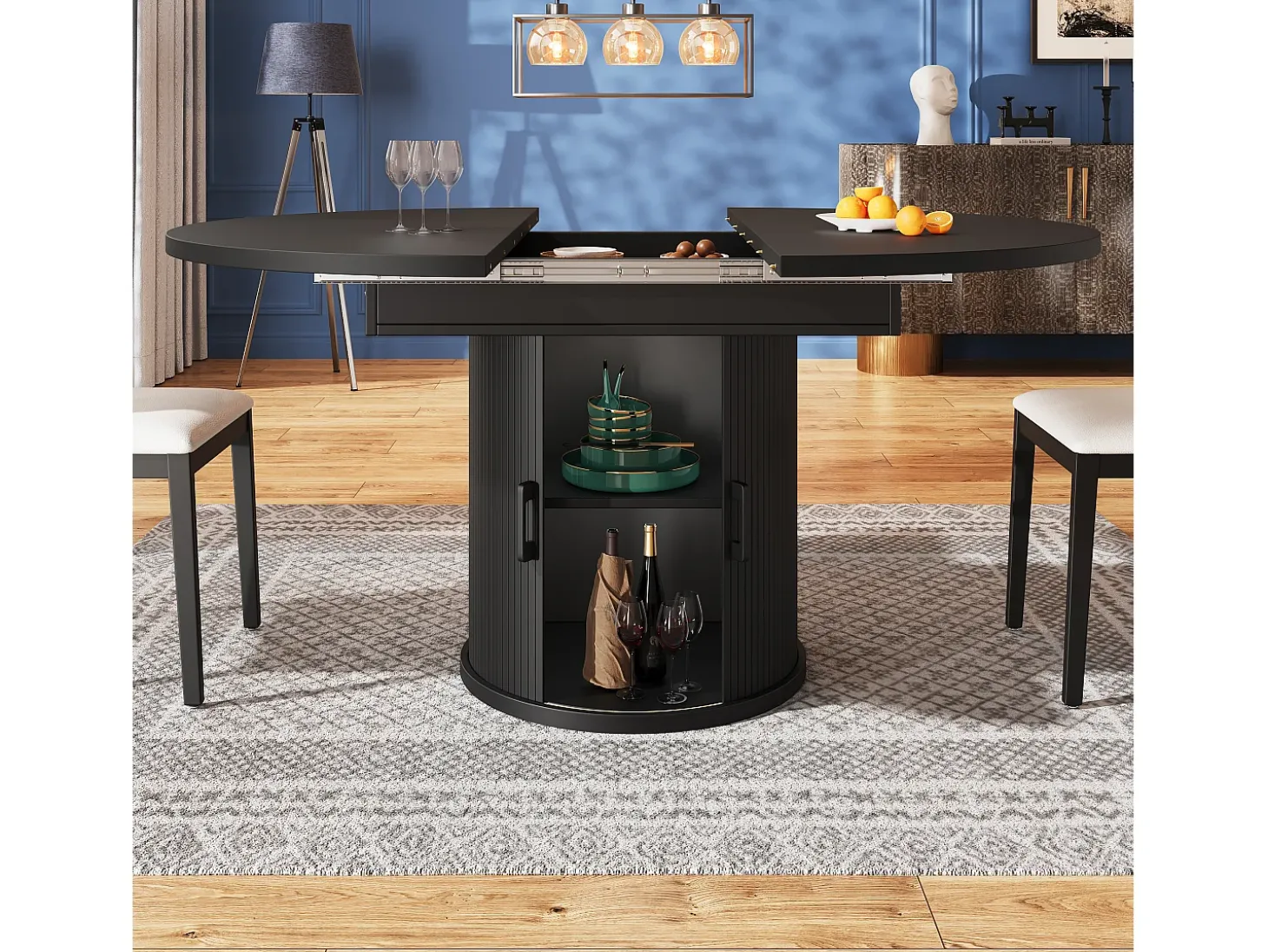Mesa de comedor extensible redonda/ovalada, MDF, nogal/negro (118x118x76,8cm)