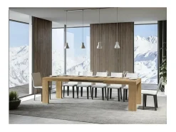 Mesa de comedor extensible de madera Ribo-Color Natural-Base y soporte con ruedas-5 alargaderas finas-Ancho extensible