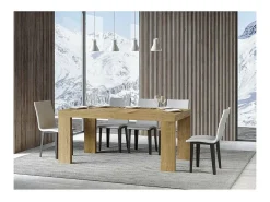 Mesa de comedor extensible de madera Ribo-Color Natural-Base y soporte con ruedas-5 alargaderas finas-Ancho extensible