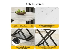 Mesa de comedor extensible - 6 a 8 personas - Efecto de mármol blanco - MDF+Metal -120/160x80cm
