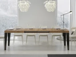 Mesa de comedor extensible Flavio-Color Natural-Soporte 2 pies-5 alargaderas finas-Ancho extensible