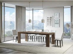 Mesa de comedor extensible de madera Ribo-Color Marrón-Base y soporte con ruedas-Alargaderas -Ancho extensible