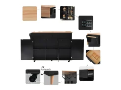 Mesa de comedor extensible con almacenaje, MDF, negro y natural, 5 ruedas y 2 cajones (129x71x91,5cm)