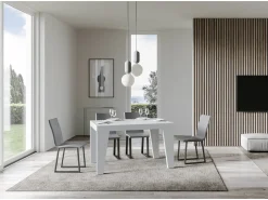 Mesa de comedor extensible de madera Naxo.-Color Blanco-Soporte 4 pies-5 alargaderas finas-Ancho extensible