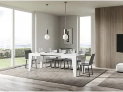 Mesa de comedor extensible de madera Naxo.-Color Blanco-Soporte 4 pies-5 alargaderas finas-Ancho extensible