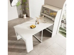 Mesa de comedor extensible, L52/132,5xW80xH76cm, extraíble en una dirección, armario de almacenamiento, ahorra espacio, color blanco.