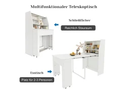 Mesa de comedor extensible, L52/132,5xW80xH76cm, extraíble en una dirección, armario de almacenamiento, ahorra espacio, color blanco.