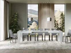 Mesa de comedor extensible de madera Kristo patas en V-Color Blanco-Soporte 4 pies-5 alargaderas finas-Ancho extensible