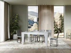 Mesa de comedor extensible de madera Kristo patas en V-Color Blanco-Soporte 4 pies-5 alargaderas finas-Ancho extensible