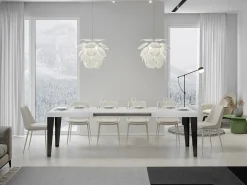 Mesa de comedor extensible Flavio-Color Blanco-Soporte 2 pies-5 alargaderas finas-Ancho extensible