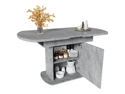 Mesa de comedor extensible ovalada con espacio de almacenaje, diseño moderno, aspecto hormigón, con tirador plateado (110/130x70x75 cm)
