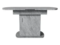 Mesa de comedor extensible ovalada con espacio de almacenaje, diseño moderno, aspecto hormigón, con tirador plateado (110/130x70x75 cm)
