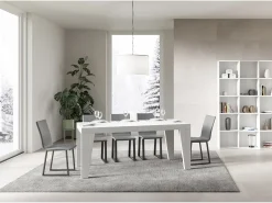 Mesa de comedor extensible de madera Naxo.-Color Blanco-Base y soporte con ruedas-Alargaderas -Ancho extensible