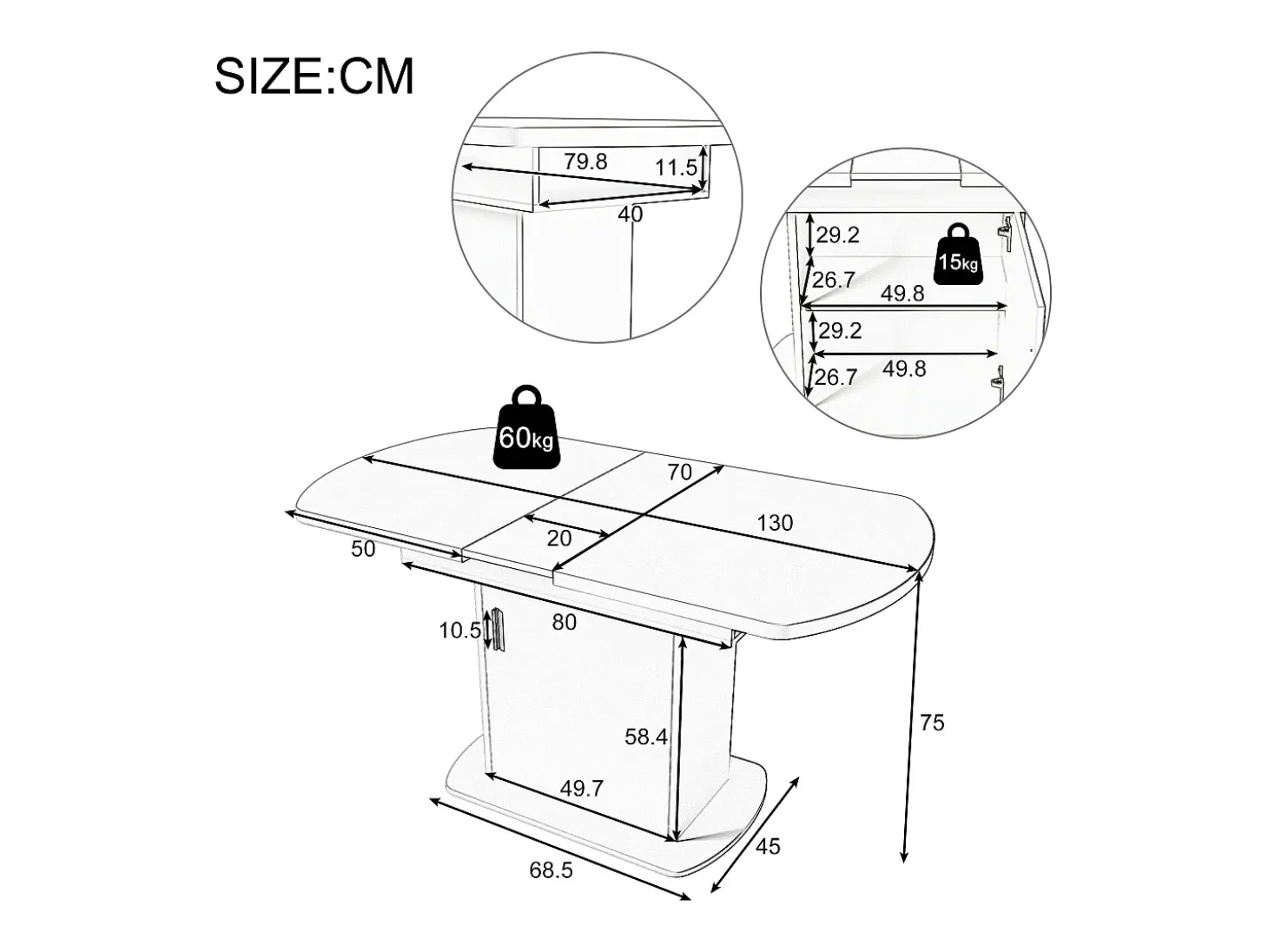 Mesa de comedor extensible ovalada con almacenaje - Blanca 110(130)x70x75cm