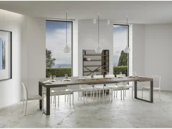 Mesa de comedor extensible tiroz-Color Marrón-Base y soporte con ruedas-5 alargaderas finas-Ancho extensible