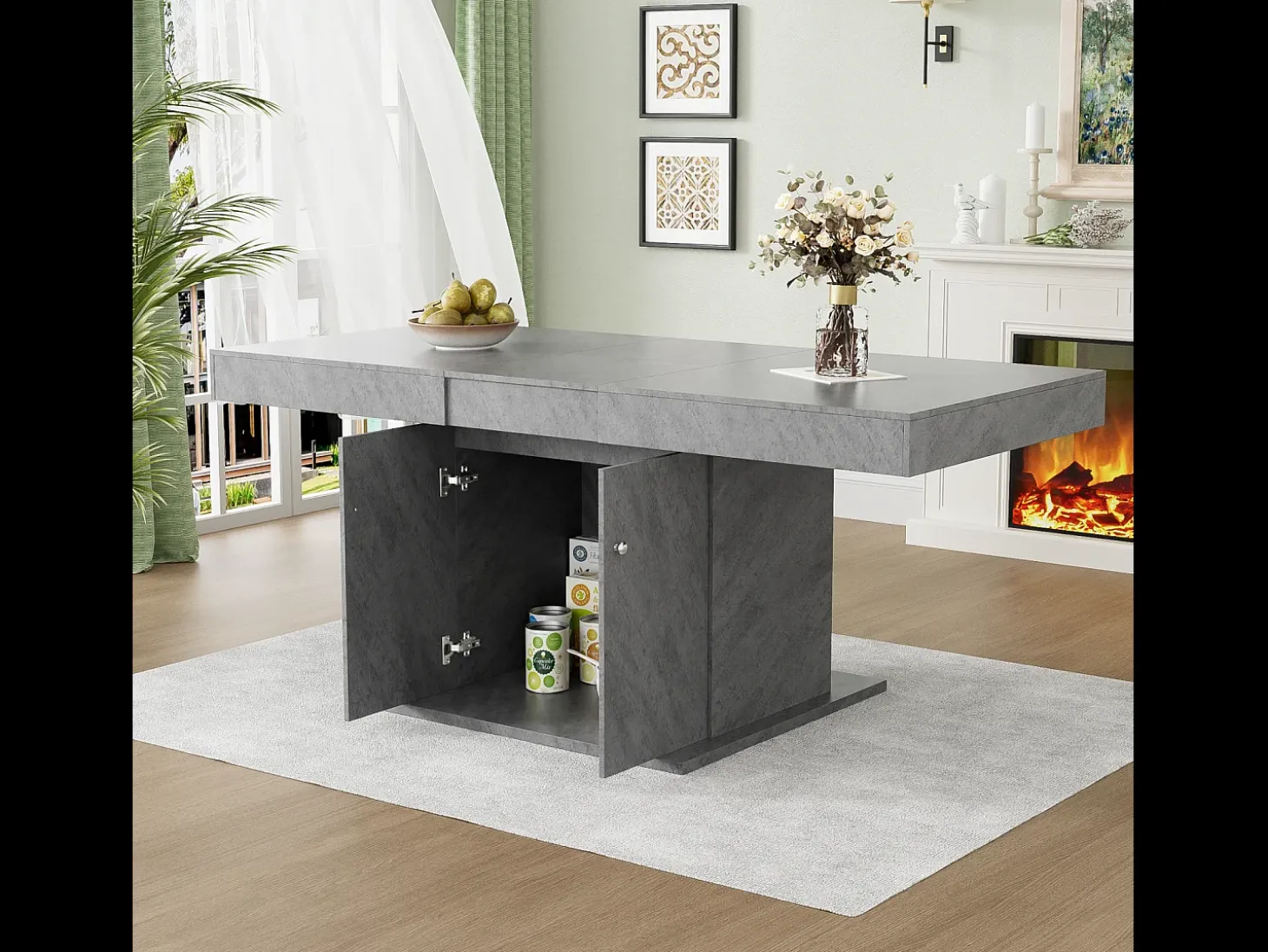 Mesa de comedor extensible - 4 a 8 personas - con espacio de almacenamiento - Paneles de partículas grises - 140/180x80x76cm