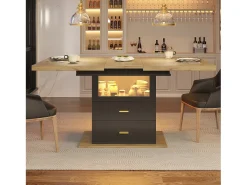 Mesa de comedor extensible de 6 plazas con LED - 110/140 x 80 x 75 cm - para comedores y cocinas - MDF + metal - negro + natural