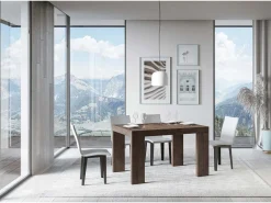 Mesa de comedor extensible de madera Ribo-Color Marrón-Soporte 4 pies-5 alargaderas finas-Ancho extensible