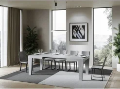 Mesa de comedor extensible de madera Kristo patas en V-Color Gris cemento-Soporte 4 pies-Alargaderas -Ancho extensible