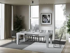 Mesa de comedor extensible de madera Kristo patas en V-Color Gris cemento-Base y soporte con ruedas-Alargaderas -Ancho extensible
