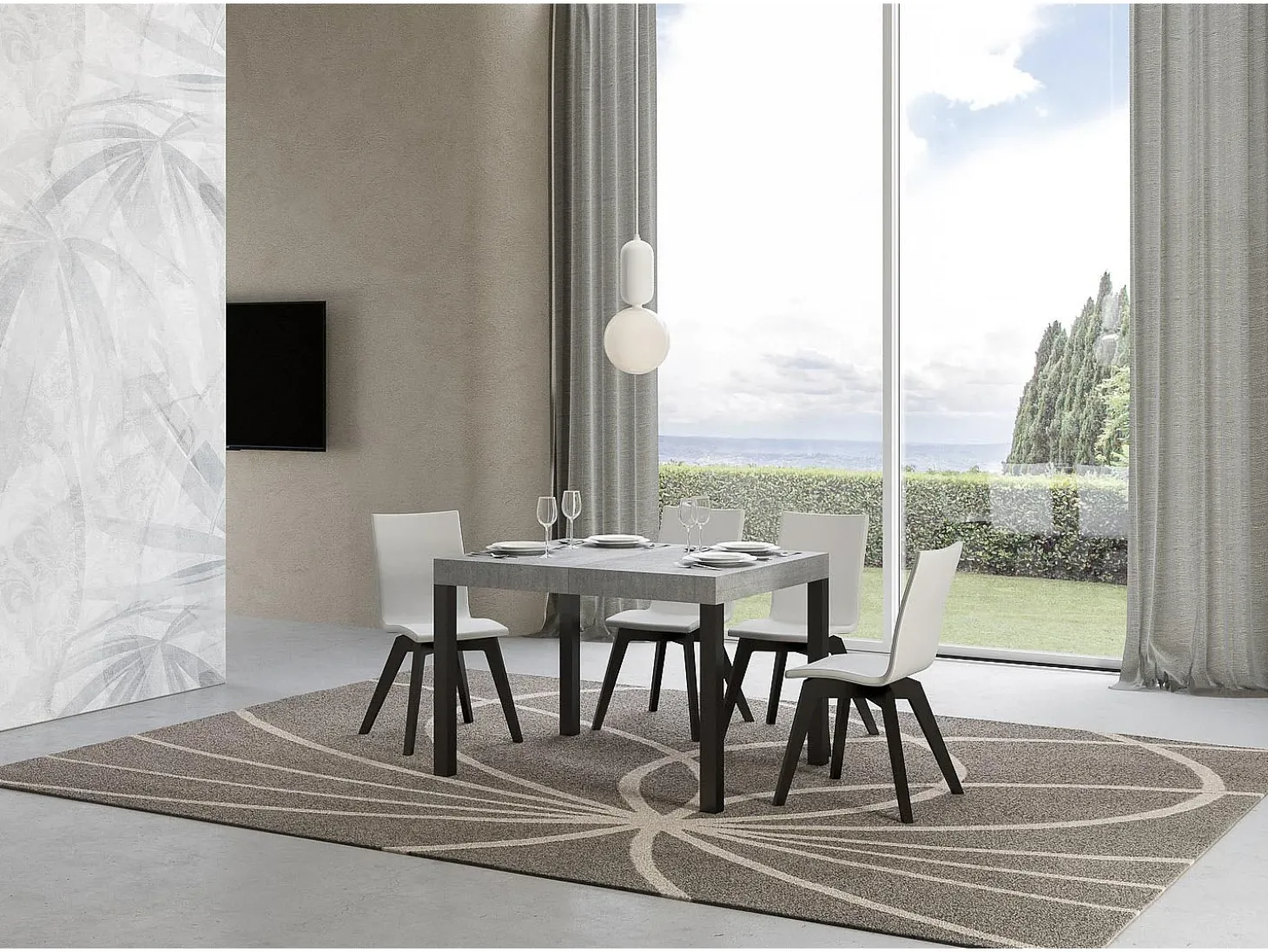 Mesa de comedor extensible Karry-Color Gris cemento-Soporte 2 pies-Ancho extensible