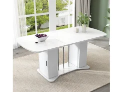 Mesa de comedor extensible de diseño moderno, MDF, color blanco con patas de metal plateado, con almacenaje integrado (L120-160 x P80 x H75,5 cm)