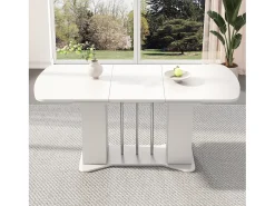 Mesa de comedor extensible de diseño moderno, MDF, color blanco con patas de metal plateado, con almacenaje integrado (L120-160 x P80 x H75,5 cm)