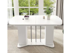 Mesa de comedor extensible de diseño moderno, MDF, color blanco con patas de metal plateado, con almacenaje integrado (L120-160 x P80 x H75,5 cm)