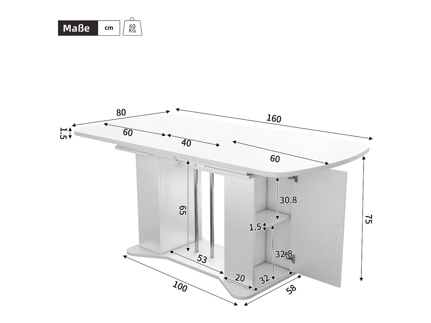 Mesa de comedor extensible de diseño moderno, MDF, color blanco con patas de metal plateado, con almacenaje integrado (L120-160 x P80 x H75,5 cm)