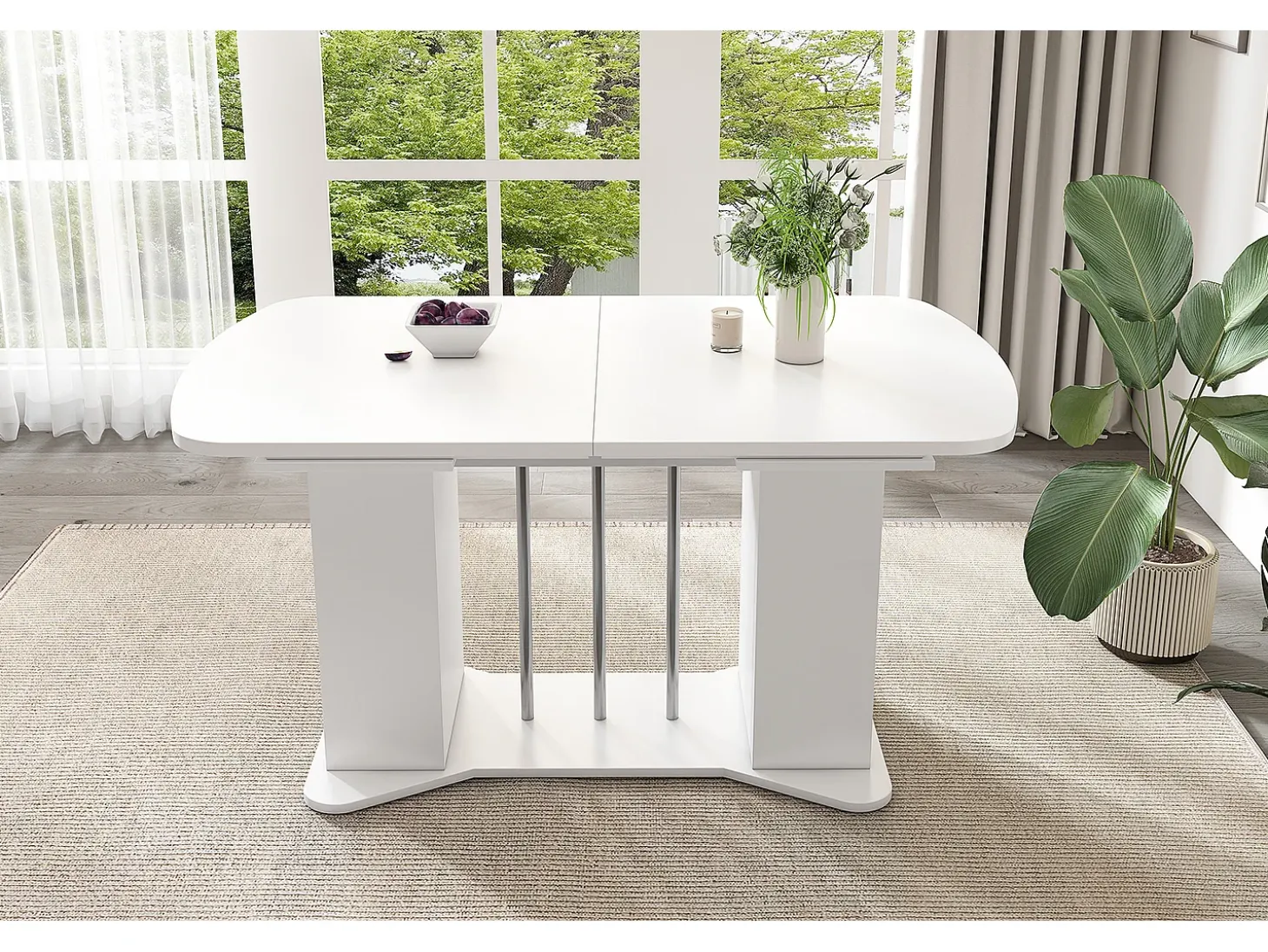 Mesa de comedor extensible de diseño moderno, MDF, color blanco con patas de metal plateado, con almacenaje integrado (L120-160 x P80 x H75,5 cm)