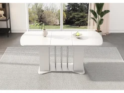 Mesa de comedor extensible de diseño moderno, MDF, color blanco con patas de metal plateado, con almacenaje integrado (L120-160 x P80 x H75,5 cm)
