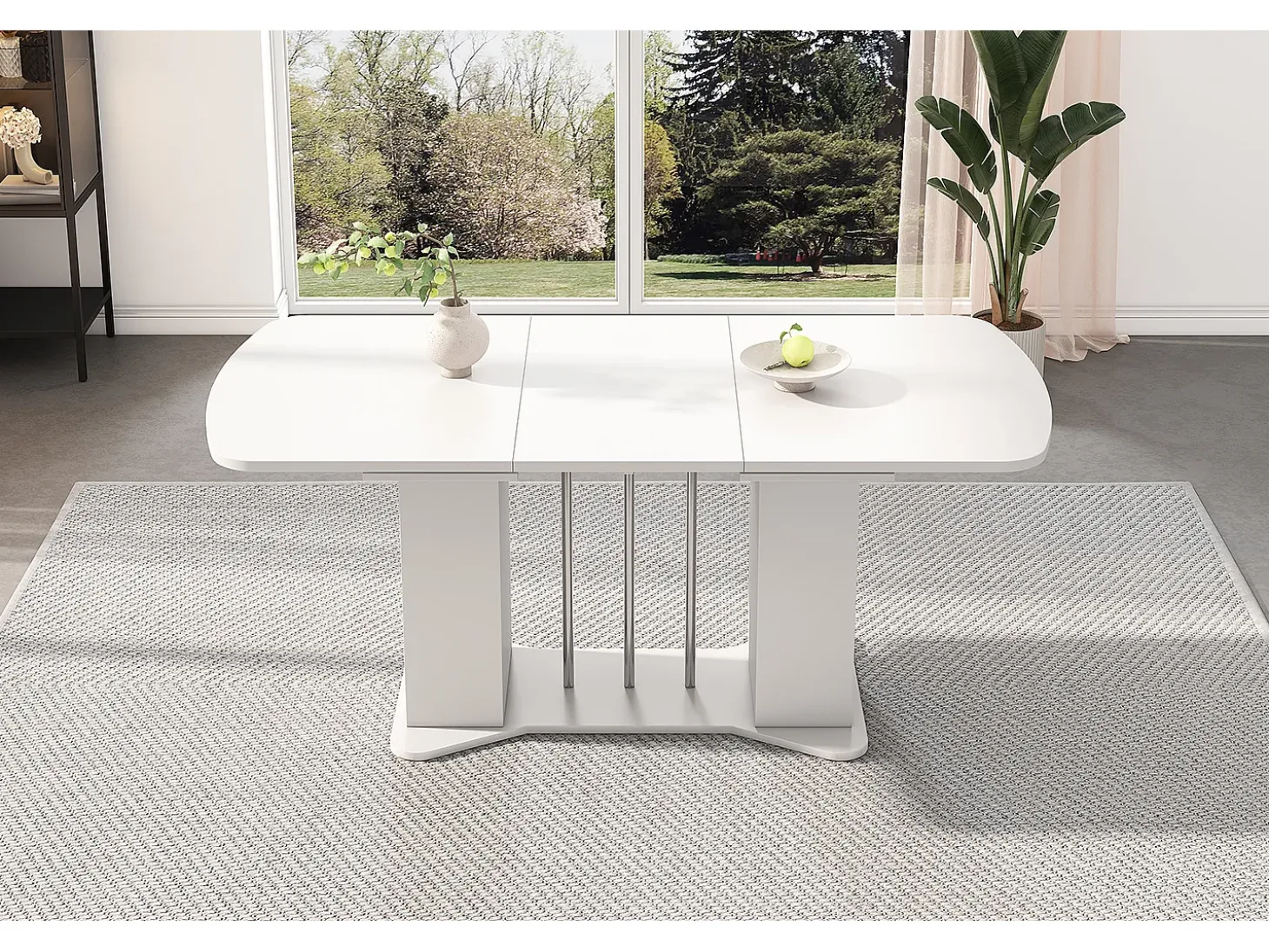 Mesa de comedor extensible de diseño moderno, MDF, color blanco con patas de metal plateado, con almacenaje integrado (L120-160 x P80 x H75,5 cm)