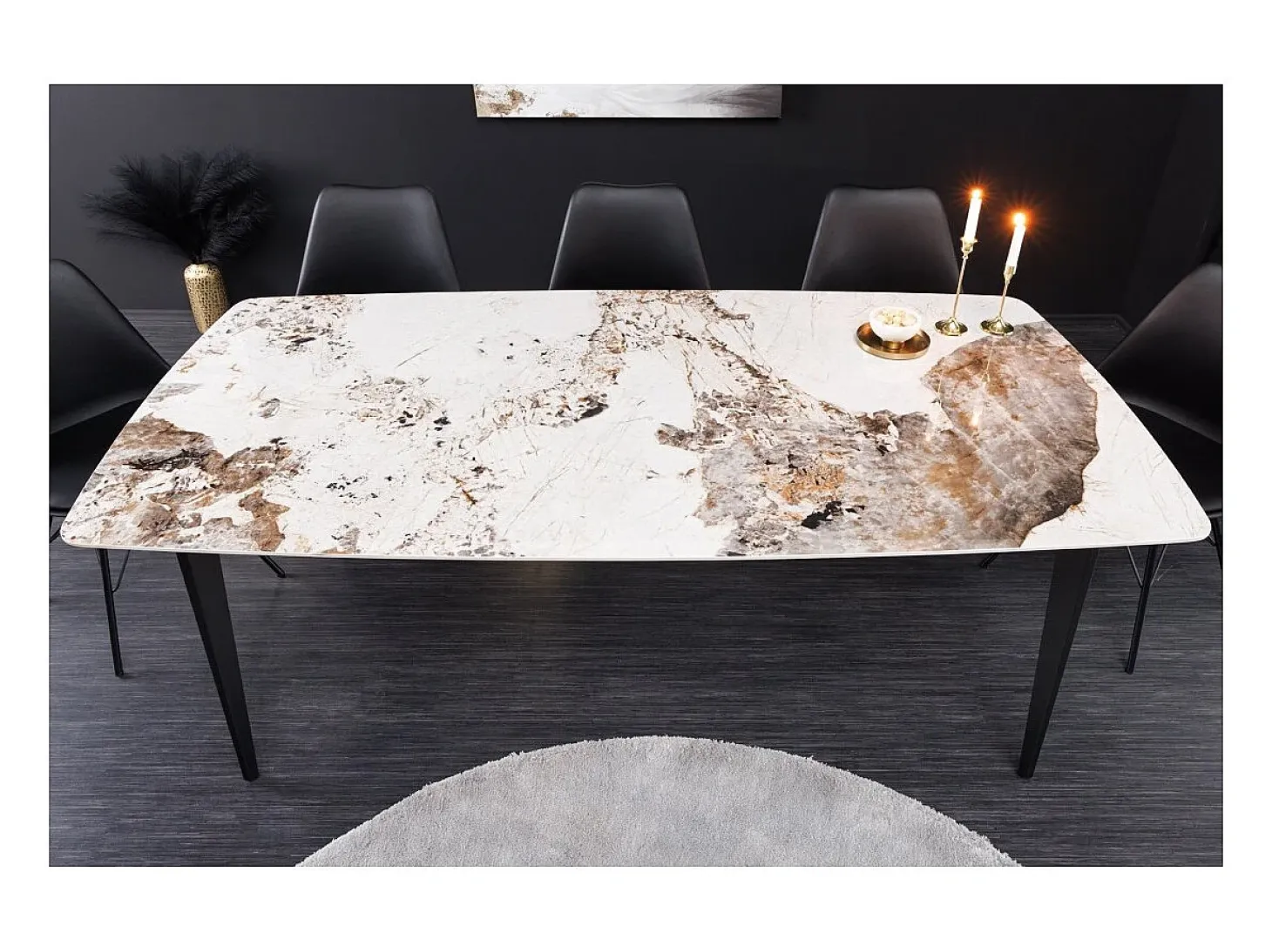 Mesa de comedor HEXA – Cerámica efecto piedra y metal negro – 160 cm – Estilo contemporáneo