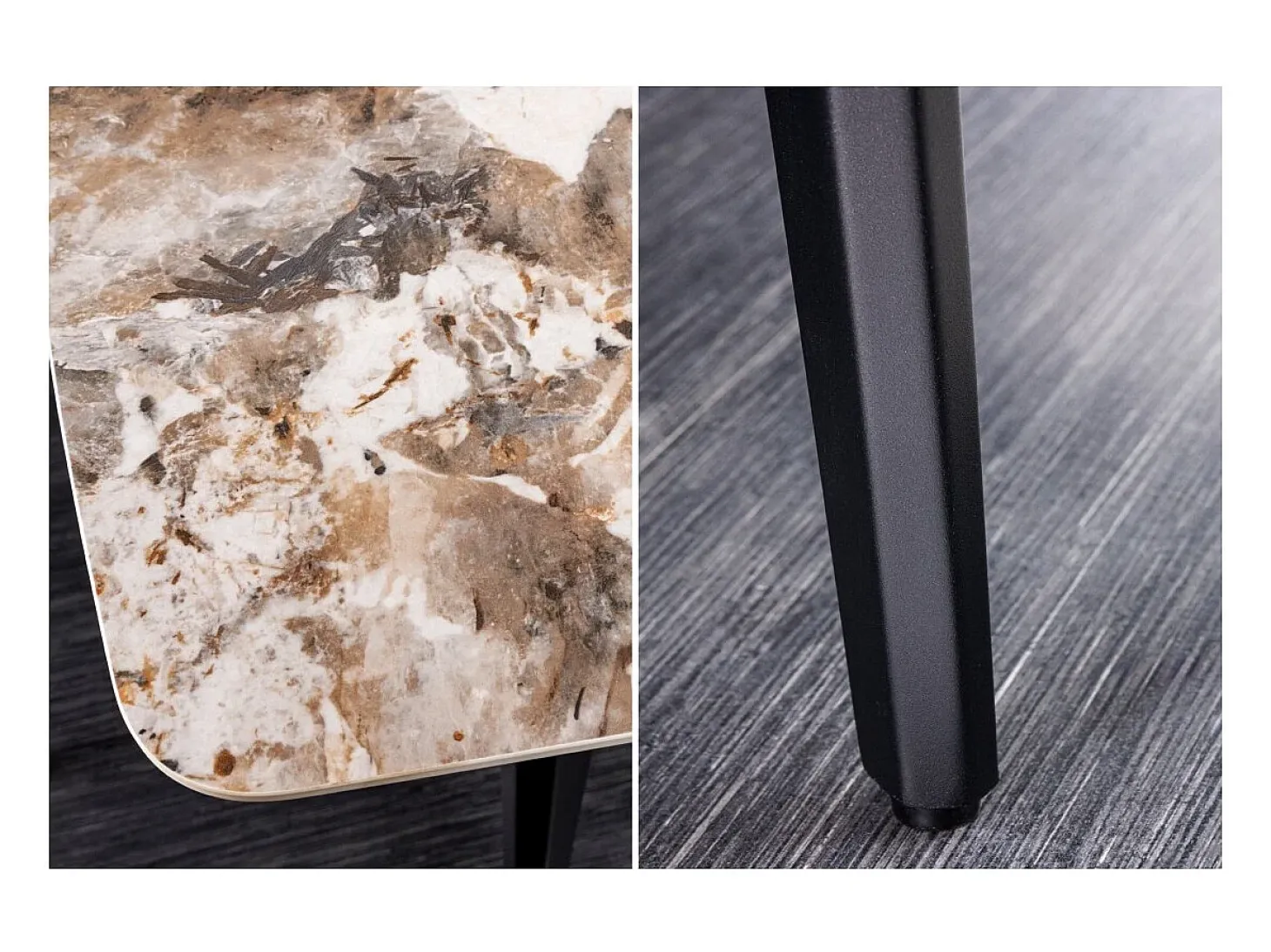 Mesa de comedor HEXA – Cerámica efecto piedra y metal negro – 160 cm – Estilo contemporáneo