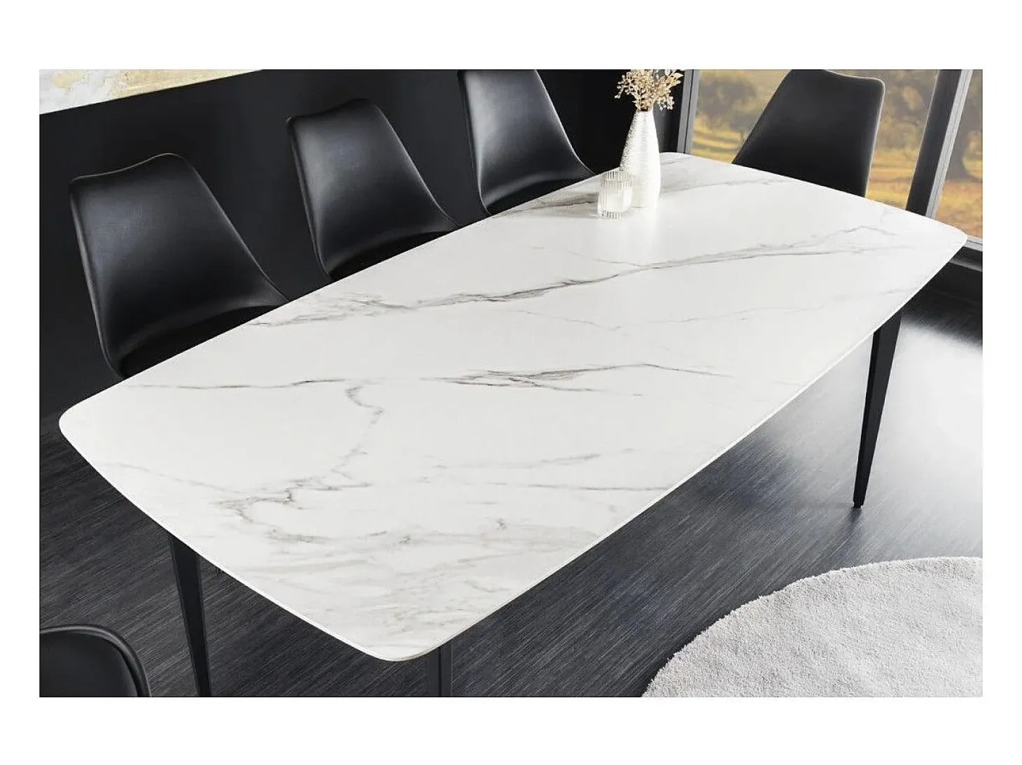 Mesa de comedor HEXA 160 cm – Tablero de cerámica efecto mármol blanco y estructura de metal negro