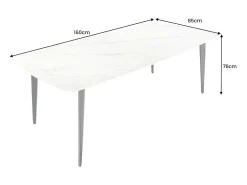 Mesa de comedor HEXA 160 cm – Tablero de cerámica efecto mármol blanco y estructura de metal negro