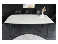 Mesa de comedor HEXA 160 cm – Tablero de cerámica efecto mármol blanco y estructura de metal negro